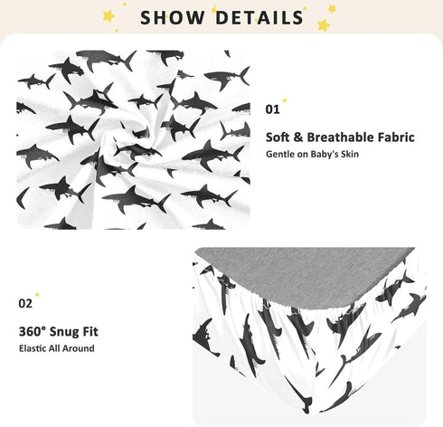 miaozhen 1 Pack 52x28 Cotton Baby Crib Sheets for Boys Girls Comfy Breathable Shark Silhouette Black and White Crib