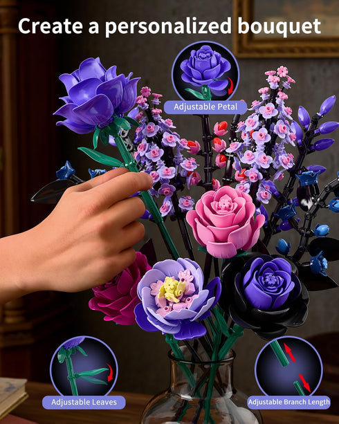 TYCOLE Set 6-12 (806PCS) Flowers Bouquet Building - Purple Roses Botanical Collection Building Blocks for Adult Women