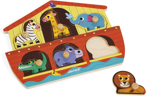 Janod 6 Piece Noah’s Ark Puzzle Themed Wooden Peg Colorful Jigsaw Puzzle for Preschool Kids and Toddlers