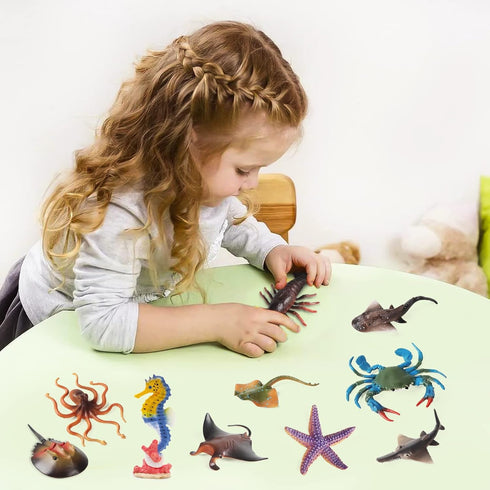 10Pcs Ocean Animals Toys Figures, Large Plastic Sea Creature Figurines Seahorse Starfish Crab Lobster Octopus Devilfish