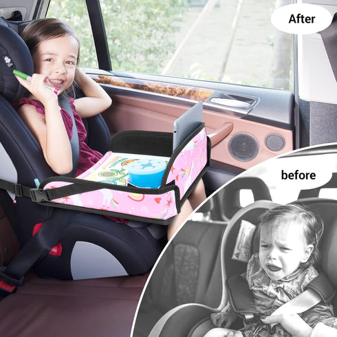COOLBEBE 2 8 Kids Travel Tray for Toddler Car Seat, Portable Car Seat Lap Tray with Cup Holders & Markers, Pink Unicorn