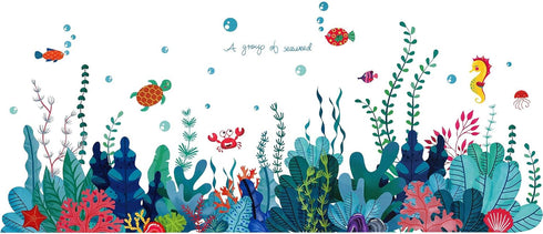 Removable 3D Under The Sea View Grass Wall Decal, DIY Ocean Coral Seaweed Stickers for Kids Bedroom