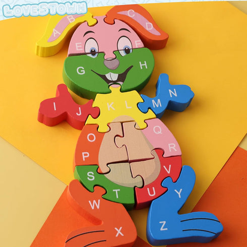 LovesTown Rabbit Wooden Puzzles, 26PCS Alphabet and Number Building Blocks Jigsaw Puzzle for Kids Preschool