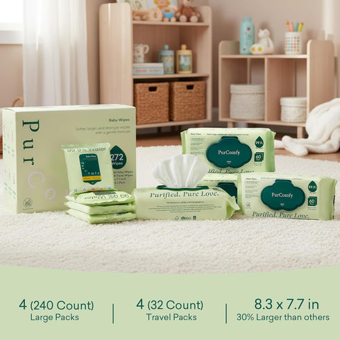 4 Packs 4 Pack 272 Count PurComfy Baby Wipes Unscented, Flip-Top + Travel Baby Wipes with Plant Based, Hypoallergenic