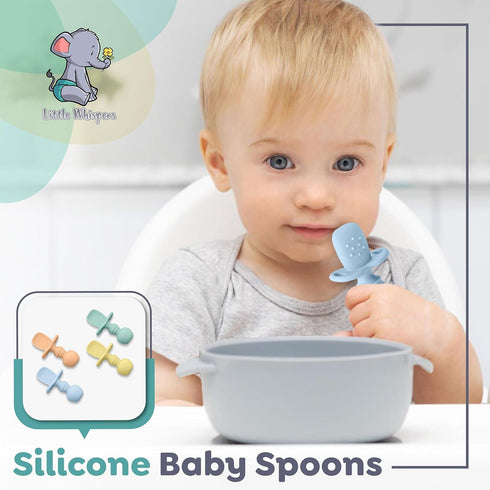 LittleWhispers Baby Silicone Spoons - Self Feeding 6 Months - Infant, Toddler, & Kid Friendly Utensils - First Stage, Baby Led Weaning - 4 Pack Utensil Set