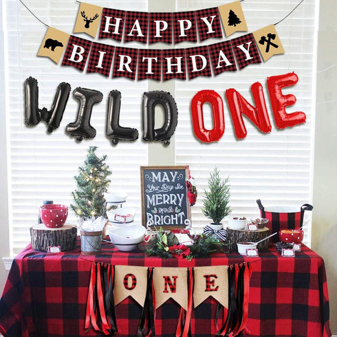 Sursurprise Lumberjack First Birthday Party Decoration, Buffalo Plaid Happy 1st Birthday Banner for Baby Girl Boy