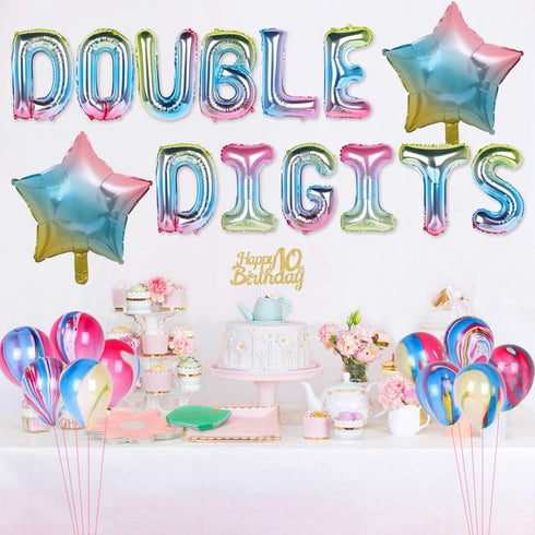 Rainbow 10th Birthday Decorations, Double Digits Number 10 Star Balloons, Happy Birthday Banner for Girls