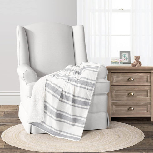 Lush Decor Baby Farmhouse Stripe Soft Sherpa Blanket, 30" W x 40" L, Gray Plush Striped Reversible Fleece