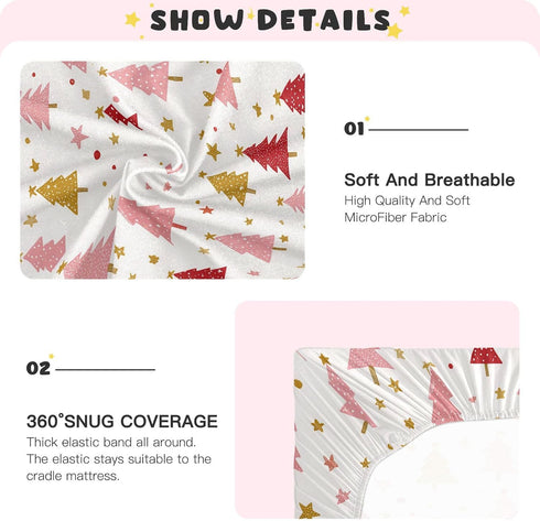 Sheet,52x28IN Pfrewn Christmas Crib Sheets for Boys Girls Christmas Pink Fir Trees Stars Snowflakes Fitted Crib Sheet