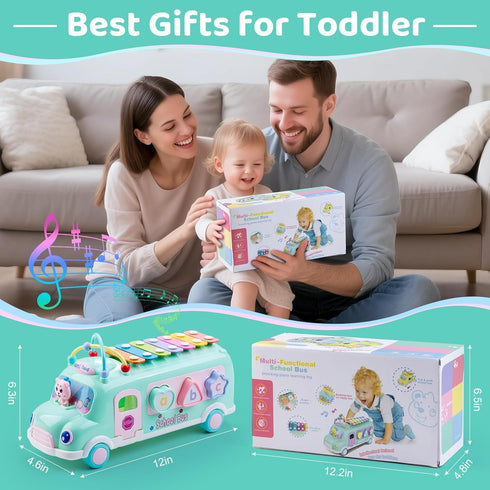 5-in-1 1 6-12-18 1st Hammer Baby School Bus Xylophone Toys for Year Old Girl Gifts, Educational Baby Toy Month