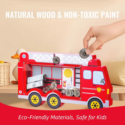 Handcrafted Wooden Fire Truck Coin Bank for Kids - Perfect Toddler Gift