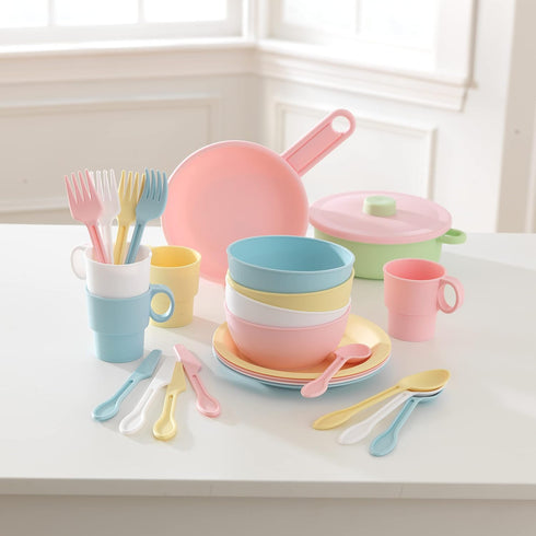 KidKraft 27-Piece Pastel Cookware Set | Plastic Dishes and Utensils for Play Kitchens, Gift for Ages 18 mo+