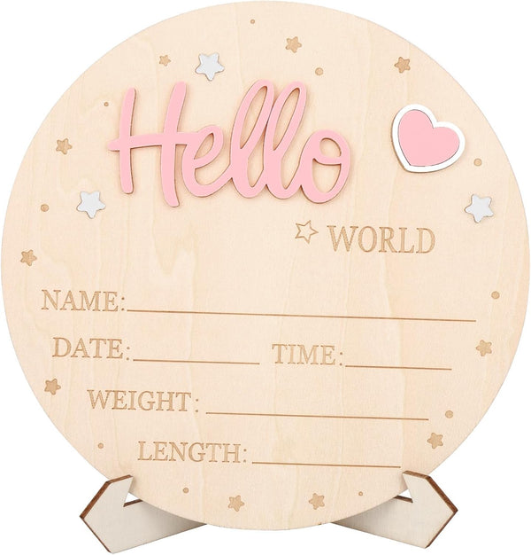 lasuroa Baby Announcement Sign, Wooden Hello World Newborn Signs Cute Welcome Baby Name