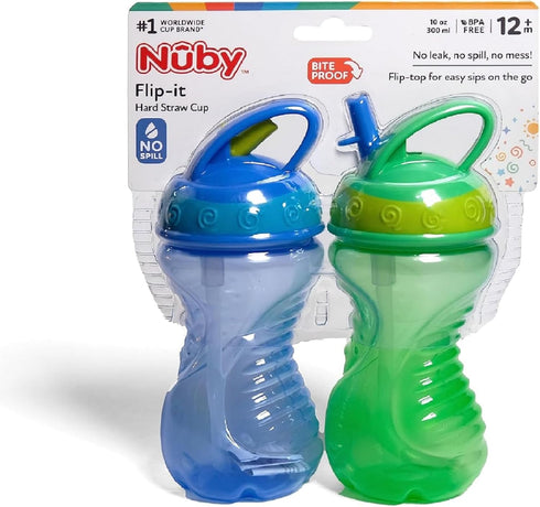 Nuby 2 Count Flip and Tip Hard Straw Cup, 10 Ounce in Blue/Green for Kids