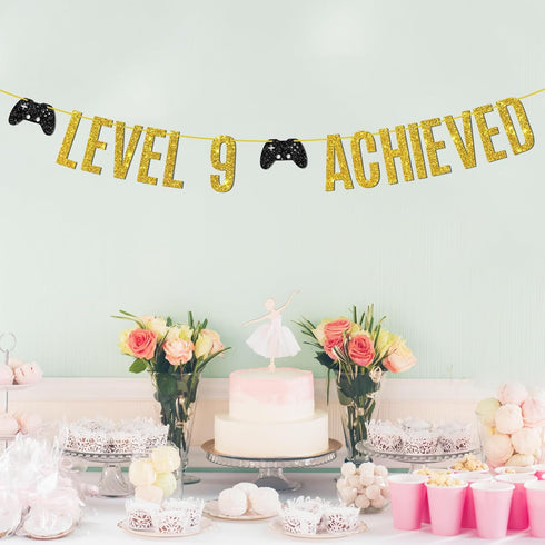 Game on Level 9 Achieved Banner, Glittery Hanging Sign for 9th Birthday Party Decorations