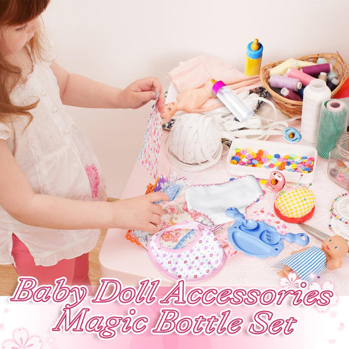 15Pcs Set,Pretend Baby Doll Accessories Magic Bottle Play Feeding Toy with Juice Milk Bottles,Sippy Cups,Pacifiers,Bowl