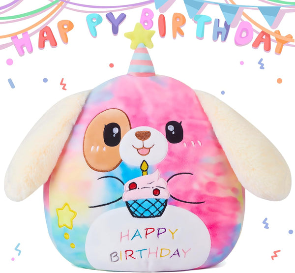 Large Birthday Happy Dog Plush Pillow - 14.5" Cute Soft Toys, Fat Kawaii Cuddle Huggable Plushie Gift for Kids