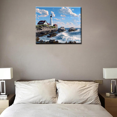 Portland Head Light Paint by Numbers Kits, Acrylic Oil Painting for Adults Kids, Tropical Seascape Home Decor