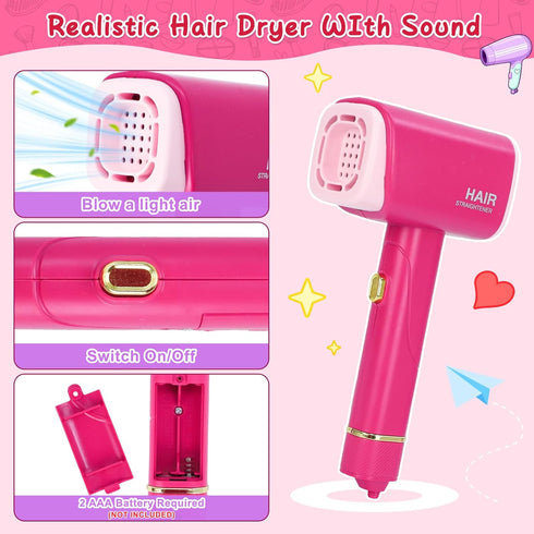 3 4 5 6 7 8 Doll Head for Hair Styling Kids, Pretend Play Hair Salon Toys for Girls with Hairdryer Hair Accessories