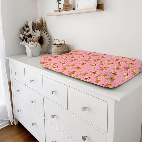 Valentine Corgi Love Changing Pad Cover – Cute Dogs Lovers Gift for Girls Boys, Soft Stretchy Baby Changing Mat