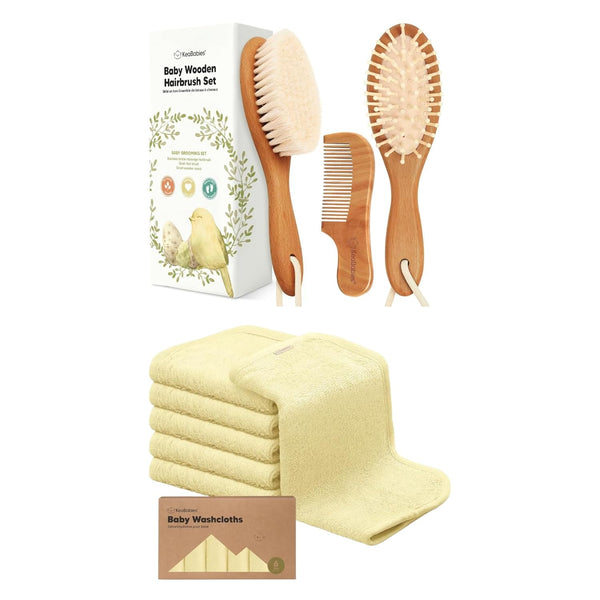 Keababies Baby Hair Brush and Comb Set and Baby Washcloths - Wooden