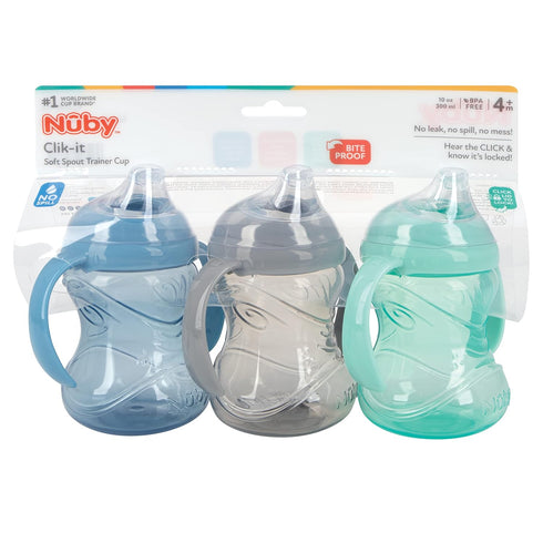 Nuby Clik-It Soft Spout No-Spill Training Sippy Cup with Handles - 10 Oz, 3-Pack, Neutral, 4+ Months