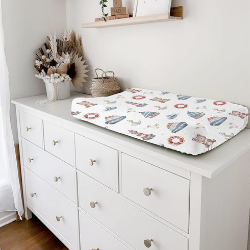 Cute Sailor Watercolor Bear Seagull Changing Pad Cover, Nautical Life Ship Anchor, Soft Stretch Fitted Baby Mats