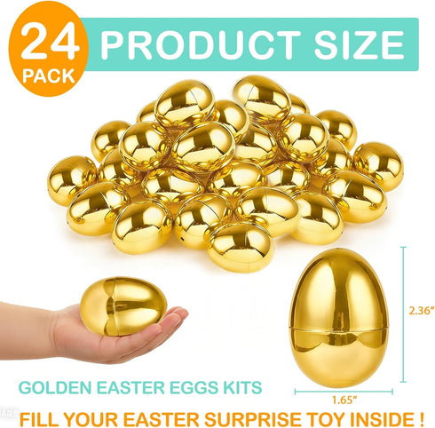 24 Pack 2.36" TURNMEON Golden Easter Eggs Empty, Shiny Metallic Plastic Easter Eggs Fillable Surprise Gold Eggs