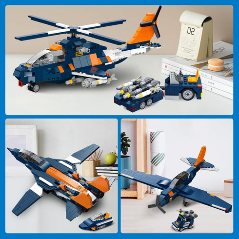 3 1 Sets, 10+, 738PCS HOGOKIDS in Fighter Jet Plane Building Military Propeller Aircraft Gunship Building Toys