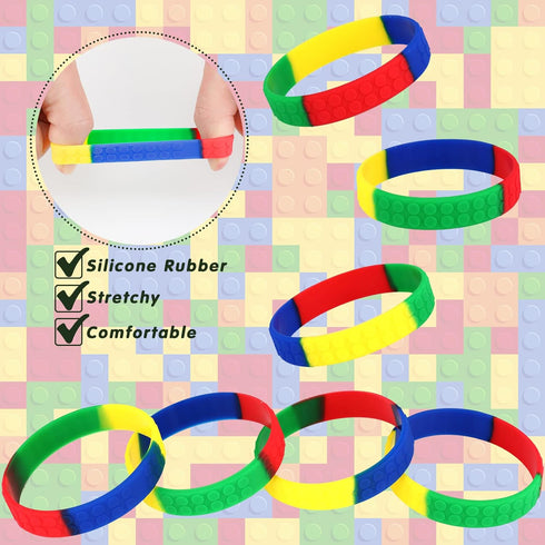 Charniol 48 Pack Color Brick Party Favors Kids Silicone Bracelet Building Block Wristbands Party Supplies for Boys