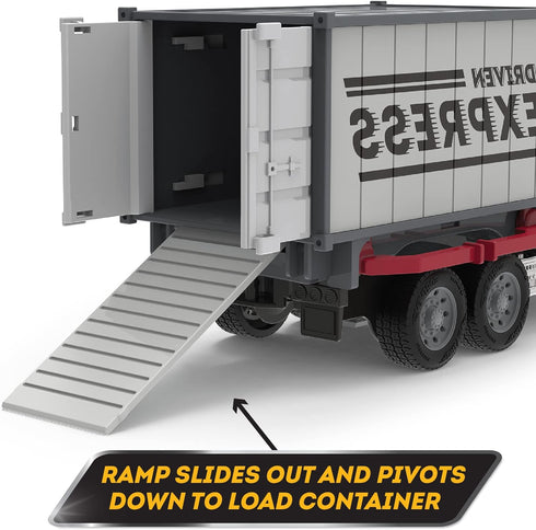 Driven by Battat Micro 1:24 Scale Toy Container Truck with Lights & Sounds for Kids - Realistic Delivery Truck