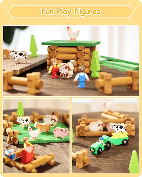 Set 122 3+ SainSmart Jr. Wooden Log Cabin Farm Building House Toy for Toddlers, PCS Classic STEM Construction Kit