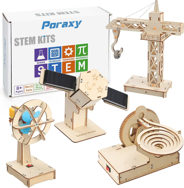 Poraxy 4 in 1 STEM Kits, Educational Science Craft Model Kit, Assembly 3D Wooden Puzzles, Gift for Kids Ages 8-12,