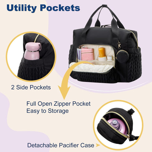Duryarhall Diaper Bag Tote, Large Capacity Baby Diaper bags with Changing Pad, Travel Baby Diaper Bag with Pacifier