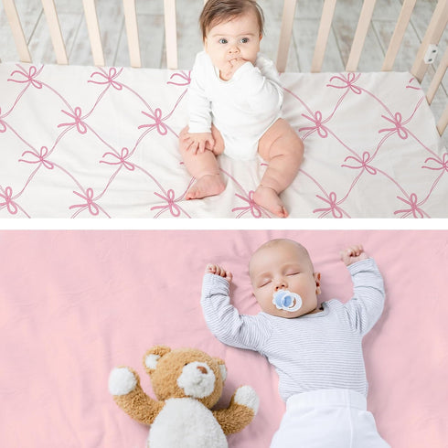4 Pack 52'' 28'' Set CroBlissful Coquette Pink Bows Baby Crib Fitted Sheet x Pink Bows Fitted Crib Mattress Sheet