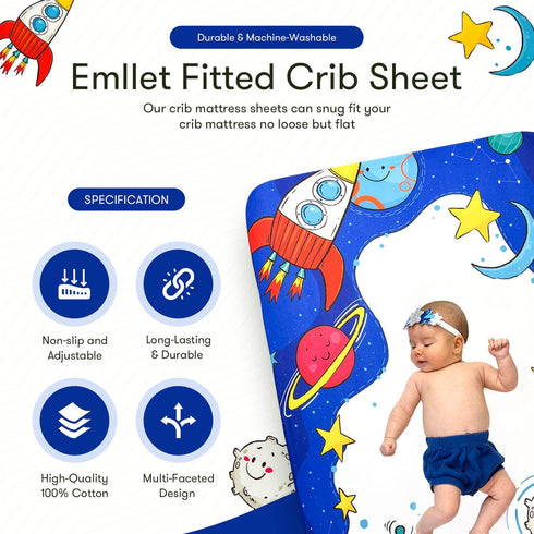 Emllet 100% 52x28in Cotton Fitted Crib Sheet Cosmic Adventure Space Theme, Soft Nursery Bedding for Baby Boy or Girl