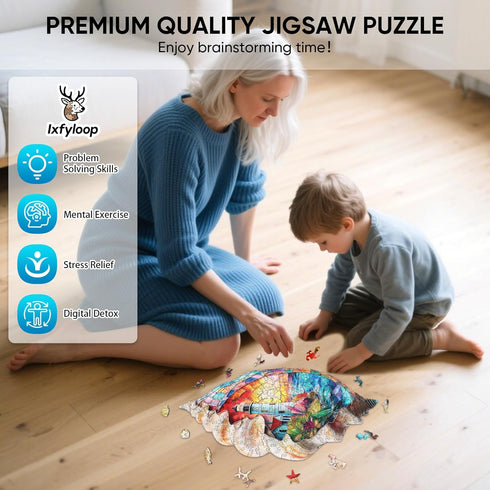 500 Decor,12.8x23.2 inch Ixfyloop Lighthouse Wooden Puzzles for Adults, Seashell Jigsaw Puzzles Pieces, Unique Design
