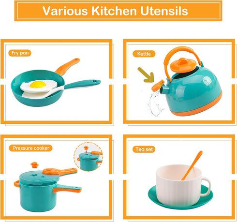 56Pcs Playset 2 Sets, Mini Play Kitchen Accessories for Kids, Pretend Cooking with Cookware, Tableware & Fruit Learning