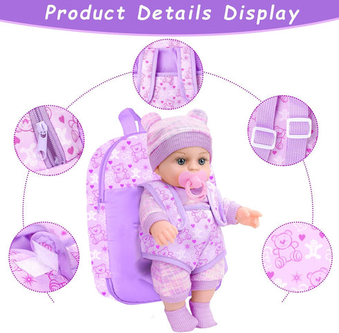 XFEYUE 12'' Backpack Backpack, 3+ Baby Doll with Bear Pattern in Gift Box,Including Clothes Accessories, Baby Bottle