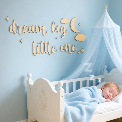 Nursery Wall Decor Dream Big Little One Wooden Sign, Boho Moon Stars Decor for Babyroom, Farmhouse Nursery Sign