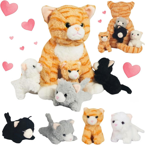 5 Pieces Cat Stuffed Animal with Babies Inside Belly 1 Mommy Stuffed