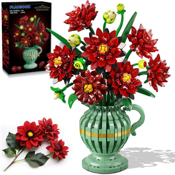 PLAXSOON Dahlia Flowers Building Set, Flower Bouquet Gift for Mothday Day Botanical