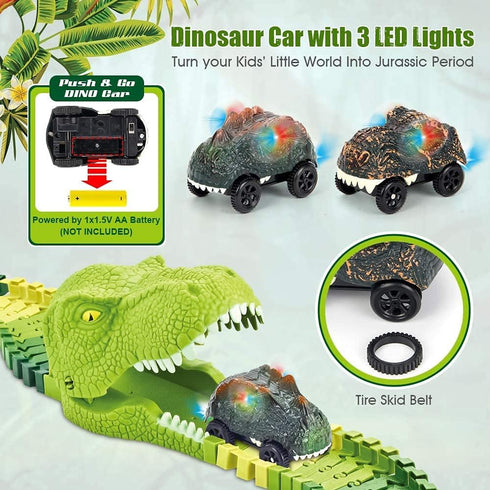 174 Playset 8 PCS Flexible Dinosaur Train Tracks and Race Cars with Dinosaurs Figures, Electric Vehicles, Lights