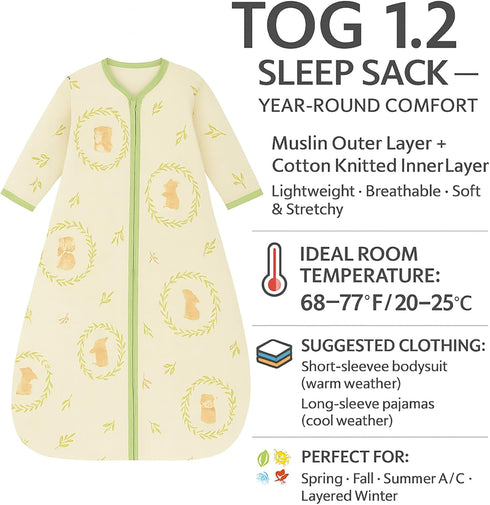 Lightweight Muslin Cotton Toddler Sleep Sack with Sleeves - Baby Wearable Blanket