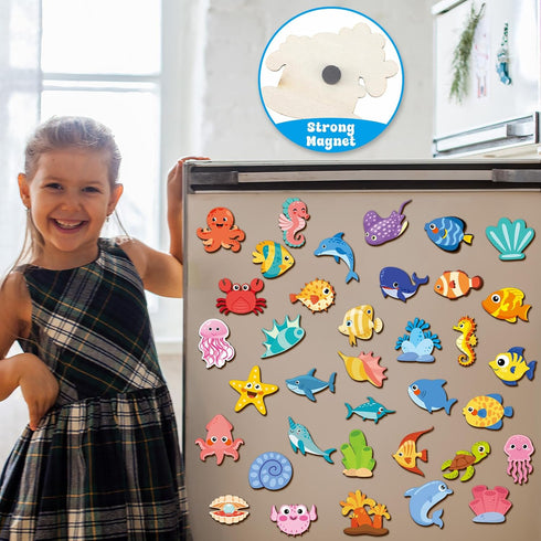 36Pcs 4-8 8-12 gisgfim Wooden Magnet Painting Craft Kit DIY Wooden Ocean Animal Magnets Coloring Arts Crafts for Kids
