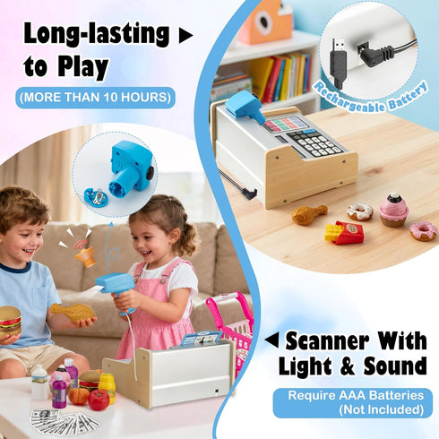 3 4 5 6 7 8 9 3-12 Wooden Cash Register for Kids with Shopping Cart Rechargeable Kid Cash Register with Scanner Gift
