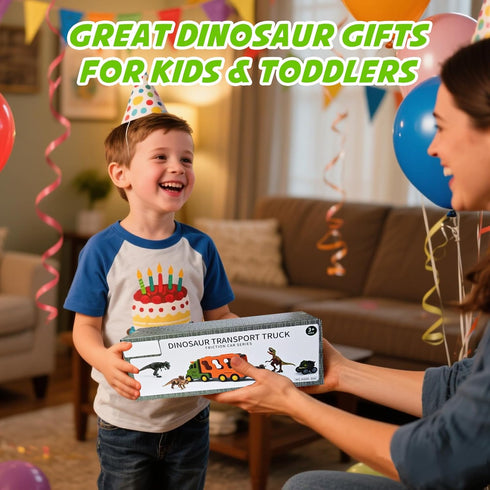 3 3 3-5-7, 3 4 5 6 7+ Dinosaur Toy Trucks with Dino Cars & Dino Figures, Sound Light Transport Carrier Truck Dinosaur