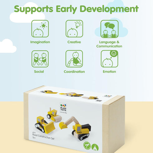 Set Set PlanToys Road Construction Wooden Montessori Imaginative and Fine Motor Play Toy | Coordination, Creativity