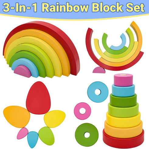 MEGRANATE Grimms 3+ Montessori Wooden Rainbow Stacking Toys for Baby Wood Building Blocks Nesting Puzzle Toy Colorful