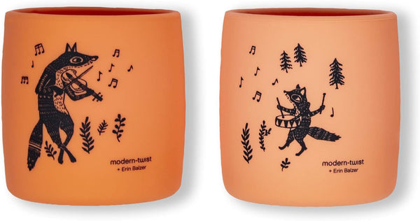 modern-twist Sip Set, Food-Grade Silicone, Waterproof, Dishwasher Safe, Reusable Cups – Orange Fox Family, 2 Pack